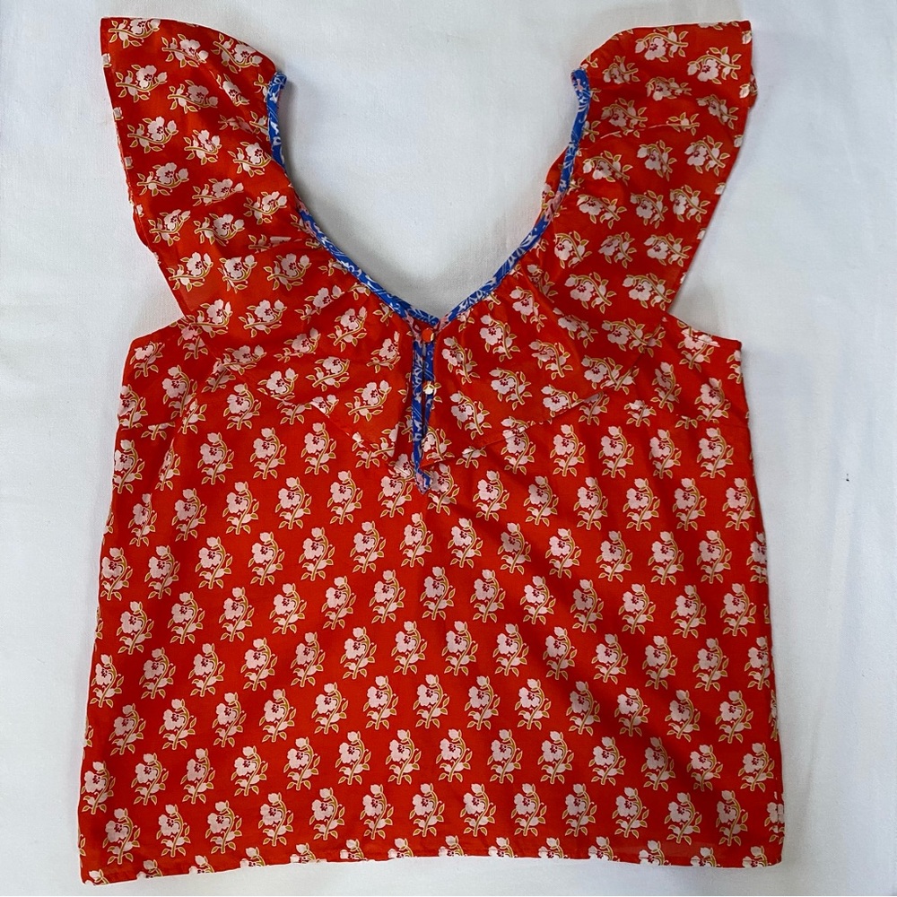 J.Crew Block Print Ruffle Flutter V-Neck Blouse Boho S - Picture 4 of 8